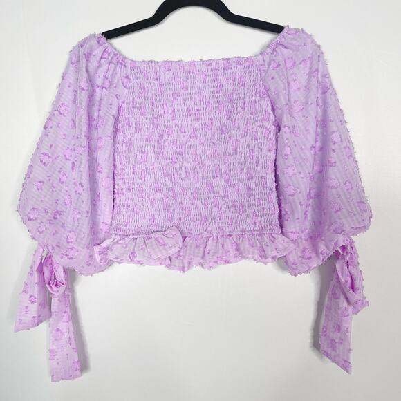 TCEC Purple Small Gingham Cropped Smocked Off The Shoulder Top Blouse 3/4 Sleeve - Picture 2 of 11